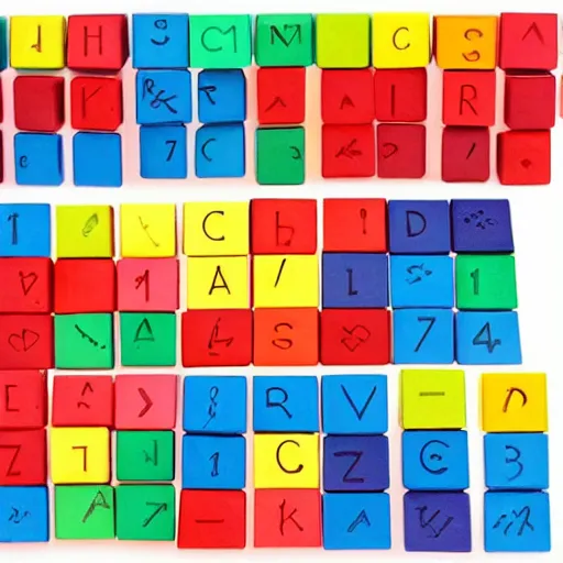 Prompt: Full set of 26 wooden childrens alphabet blocks, 1-inch cube blocks with colorful edges, one English letter of the alphabet on each block