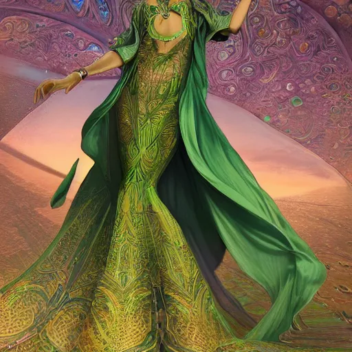 Image similar to a beautiful woman wearing a green kaftan made of silk with golden ornaments by alex gray and android jones , Karol Bak, Ayami Kojima, Amano , concept art, character design, fantasy,3D, 8k resolution