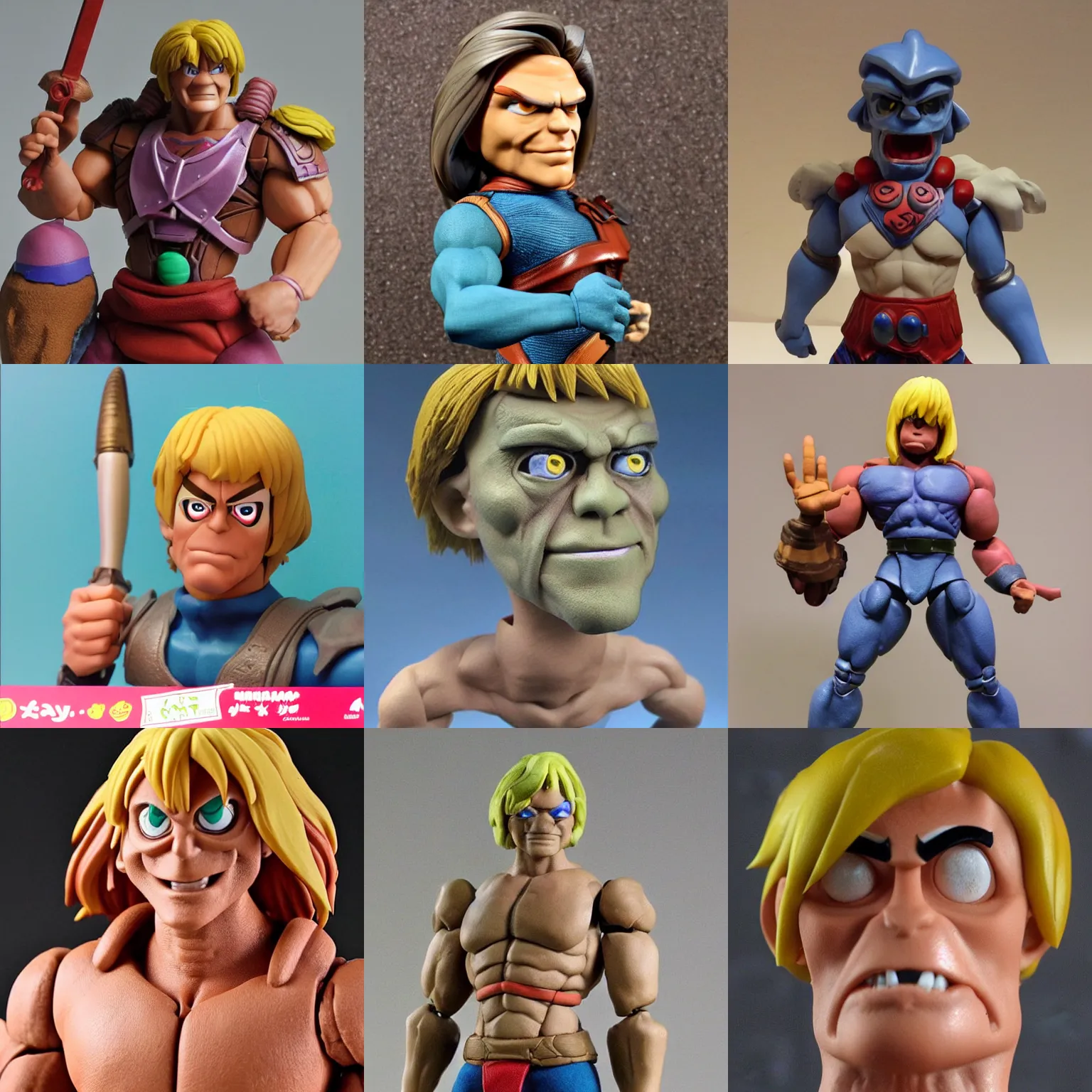 Prompt: manga, real he-man by mattel!! clay! close detailed sculpted head , style: claymation puppet clay , by guldies