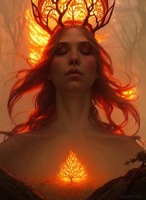 Image similar to burning forest inhabited by elves, d & d, fantasy, intricate, elegant, highly detailed, digital painting, artstation, concept art, smooth, sharp focus, illustration, art by artgerm and greg rutkowski and alphonse mucha