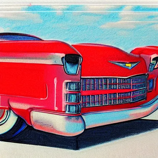 Prompt: a color pencil design sketch for a 5 0 s flying cadillac car with plane wings