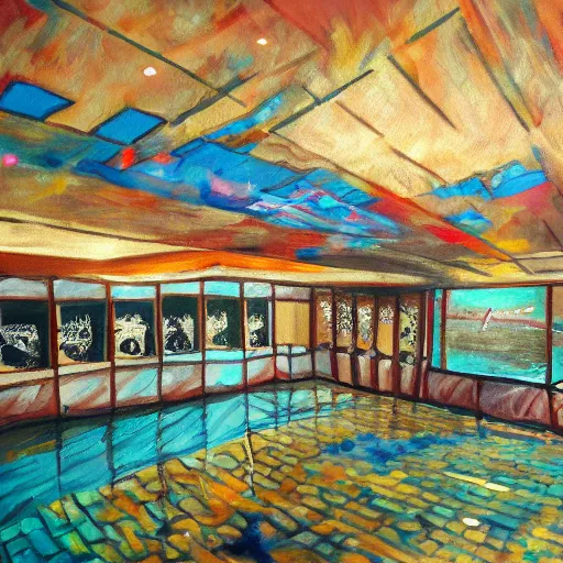Image similar to a painting of the lost nightclub of Atlantic. An underwater dance floor.