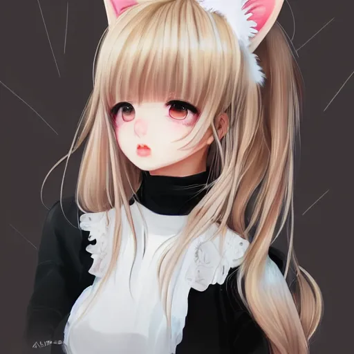 Image similar to realistic beautiful gorgeous natural cute Blackpink Lalisa Manoban white hair cute white cat ears in maid dress outfit golden eyes artwork drawn full HD 4K highest quality in artstyle by professional artists WLOP, Taejune Kim, Guweiz, ArtGerm on Artstation Pixiv