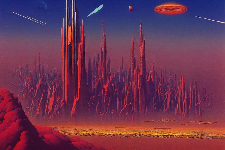 Prompt: cloisonnism painting of megacity 1 from judge dredd megacity 1 from judge dredd in no mans sky no mans sky | masterpiece syd mead moebius bekskinski