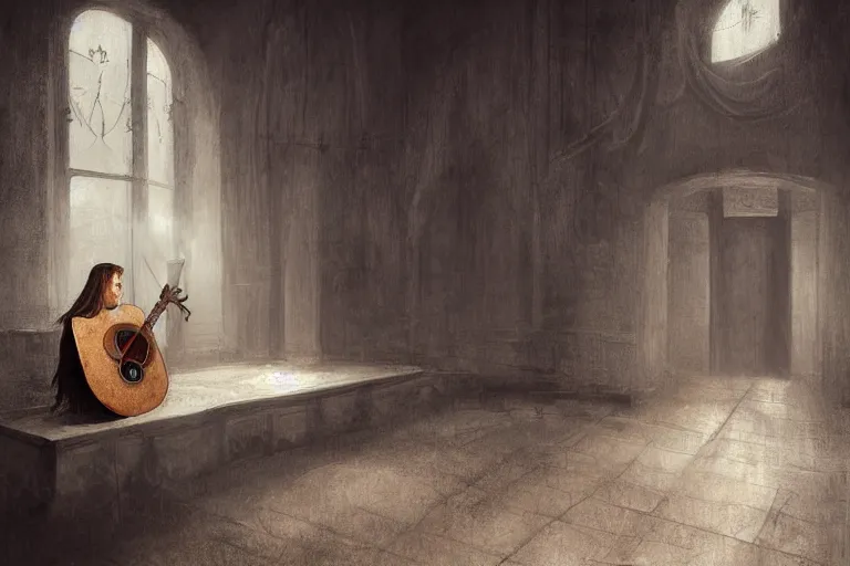 Image similar to still life painting, musical instument alone - a lute with smoke wisping up from its smoldering string, cursed baroque with ebony inlay, designed by brian froud and hr giger leans against the wall alone, abandoned. an empty brutalist chamber, lonely, somberlate afternoon lighting cinematic fantasy painting by jessica rossier