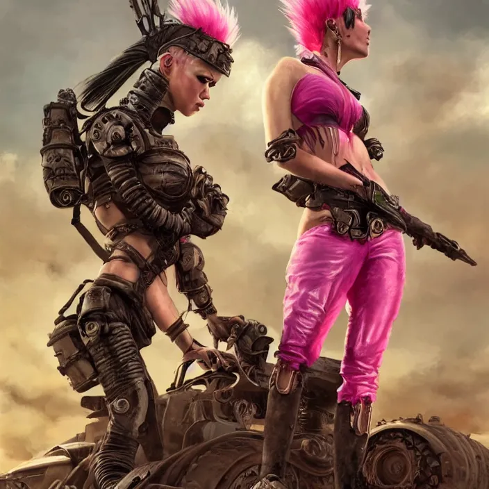 Image similar to beautiful apocalyptic woman with pink Mohawk, standing on mad max panzer tank, epic, smooth, sharp focus, 4k ultra hd, fantasy dark art, tank girl, artgerm, artstation, octane render, elegant, detailed digital painting