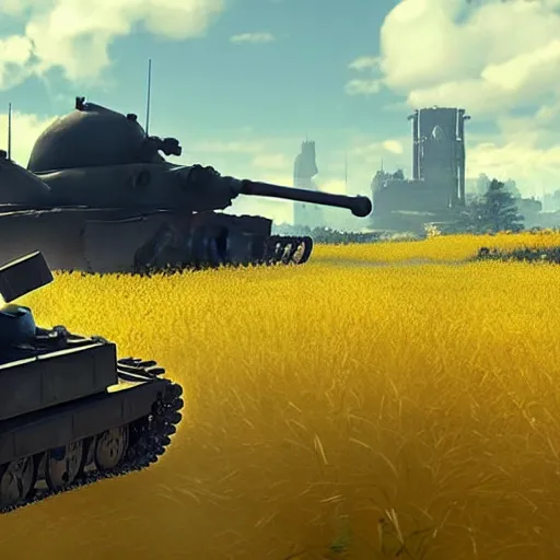 Prompt: a screenshot from nier : automata, with 9 s android destroying a t 6 2 russian tank in yellow rye field under pure blue skies