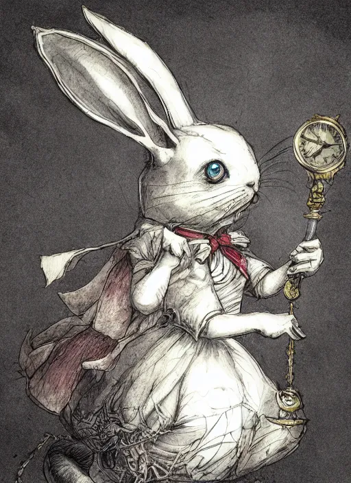 Image similar to portrait, Psychotic white rabbit from Alice in wonderland, pocket watch, watercolor, dramatic lighting, cinematic, establishing shot, extremely high detail, foto realistic, cinematic lighting, pen and ink, intricate line drawings, by Yoshitaka Amano, Ruan Jia, Kentaro Miura, Artgerm, post processed, concept art, artstation, matte painting, style by eddie mendoza, raphael lacoste, alex ross