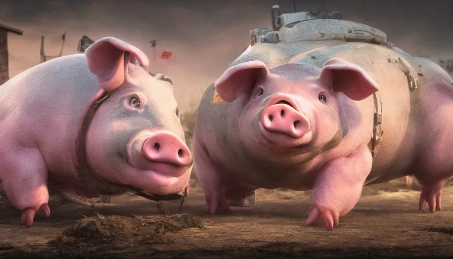 Image similar to hybrid of a happy pig and sad tank, beautiful detailed face, ultra realistic, concept art, intricate details, serious, highly detailed, photorealistic, octane render, 8 k, unreal engine.