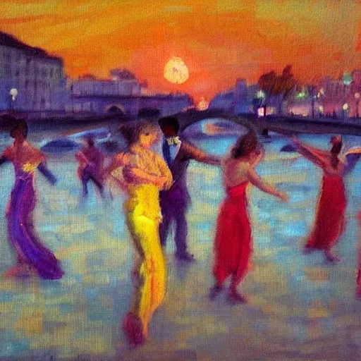 Image similar to impressionist painting of salsa dancers near the seine at sunset