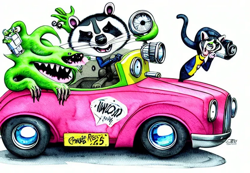 Image similar to cute and funny, racoon riding in a tiny hot rod coupe with ( very ) oversized engine, ratfink style by ed roth, centered award winning watercolor pen illustration, isometric illustration by chihiro iwasaki, edited by range murata