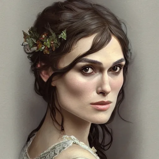 Image similar to Portrait of Keira Knightley in victorian london, elegant, digital painting, highly detailed, fantasy, artstation, concept art, smooth, sharp focus, illustration, art by artgerm and greg rutkowski and alphonse mucha