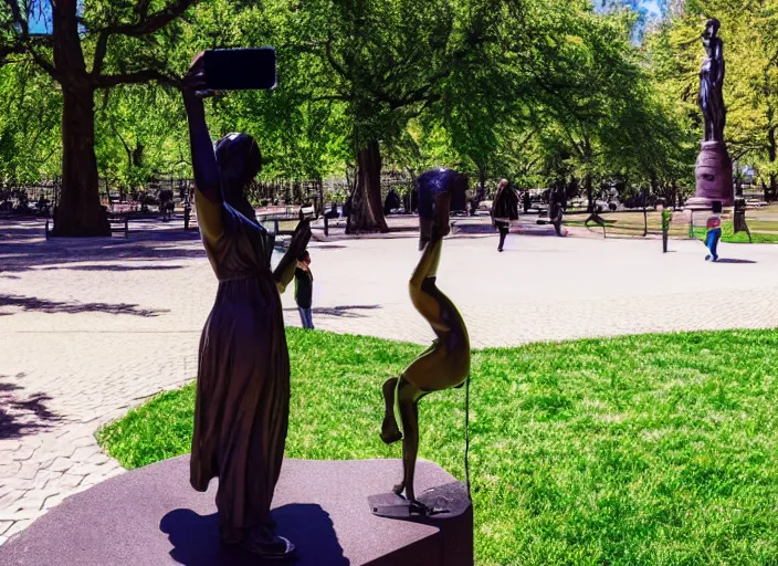 Image similar to photo still of a bronze statue of a woman using an iphone to take a selfie in a park on a bright sunny day, 8 k 8 5 mm f 1 6