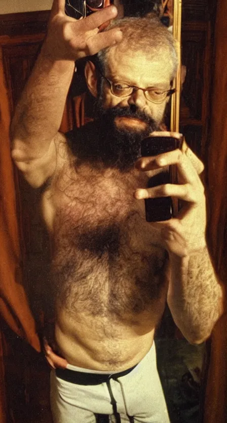 Prompt: Terence McKenna with his shirt off mirror selfie