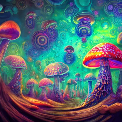 Image similar to trippy mushrooms, acrilic paint, digital, artstation, detailed intricate ink illustration, heavenly atmosphere, digital art, overdetailed art, concept art, complementing colors, trending on artstation, cgstudio, the most beautiful image ever created, dramatic, subtle details