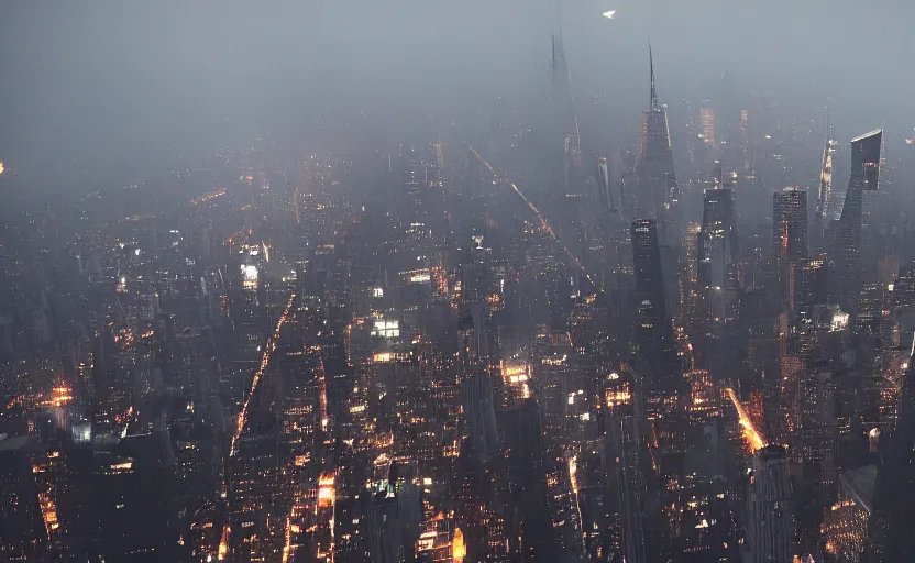 Image similar to a spaceship designed by peter schreyer flying over NYC in style of blade runner, 8K