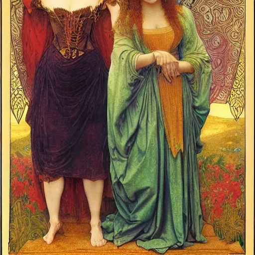 Prompt: full colour engraving full figure portrait of natalie portman and scarlet johansson, by albrecht durer, jean delville, alphonse mucha, jan van eyck, da vinci