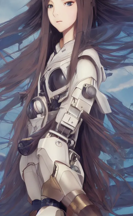 Image similar to girl with aircraft mecha legs, anime style, long hair, hair down, symmetrical facial features, from arknights, hyper realistic, pale skin, 4 k, rule of thirds, extreme detail, detailed drawing, trending artstation, hd, military gear, d & d, realistic lighting, by alphonse mucha, greg rutkowski, sharp focus, backlit