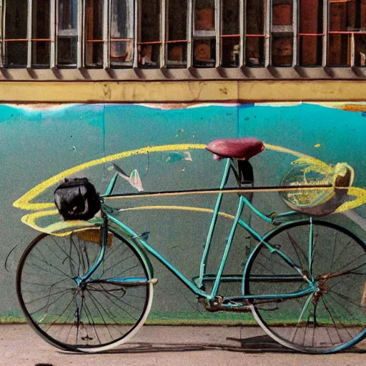 Prompt: photograph of a fish riding a bicycle