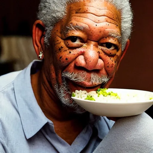 Image similar to Morgan Freeman eating a bowl of rice