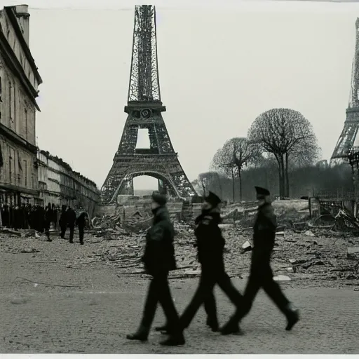 Prompt: Paris in ruins after war, Eiffel Tower destroyed, soldiers walking down the street, 35mm