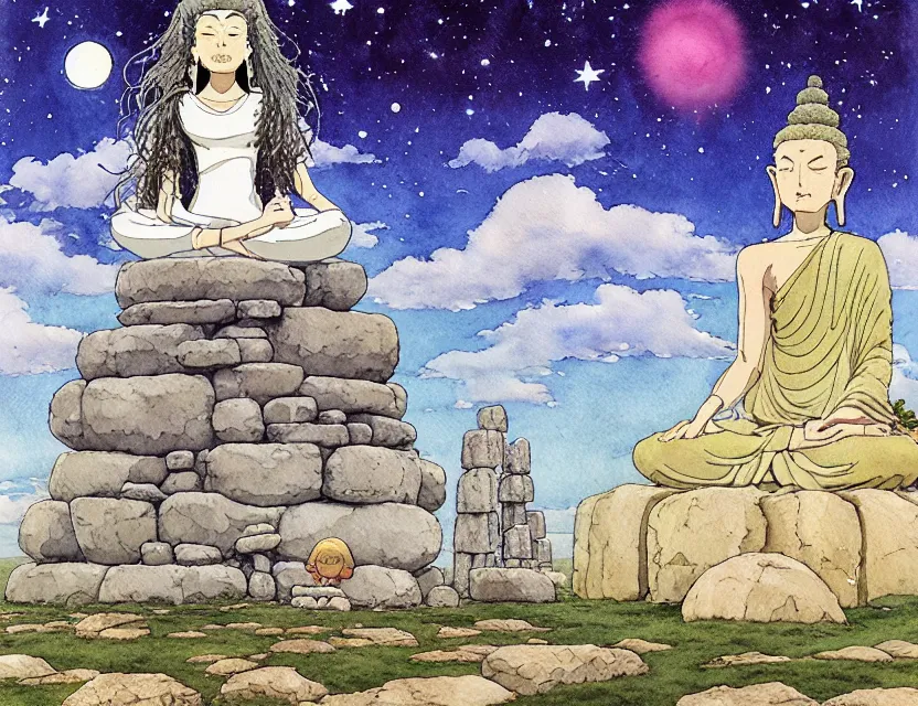 Image similar to a hyperrealist studio ghibli watercolor fantasy concept art of a giant long haired grey buddha in lotus position sitting on top of the stones of stonehenge with a starry sky in the background. a ufo is in the sky. by rebecca guay, michael kaluta, charles vess