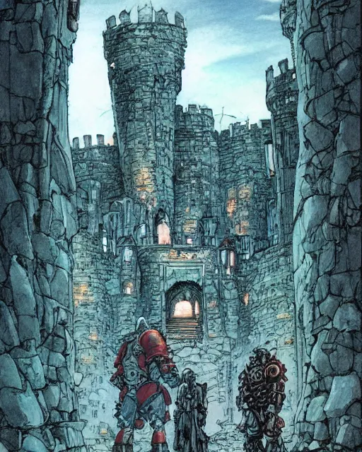 Prompt: beautiful comic book art of a fantasy castle by alan lee and simon bisley, robots in the background by simon stalenhag and jack kirby