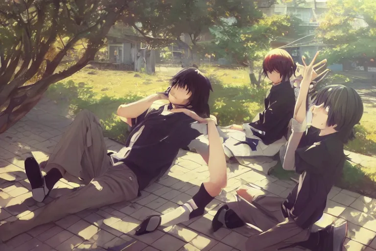 Image similar to boy's love anime high school scene spring setting, noon time, high detail concept art, perfect proportions tall handsome young men, realistic shaded lighting poster ilya kuvshinov, katsuhiro, jeremy lipkin and michael germash, makoto shinkai, loish and clamp style, trending on art station, best selling artist