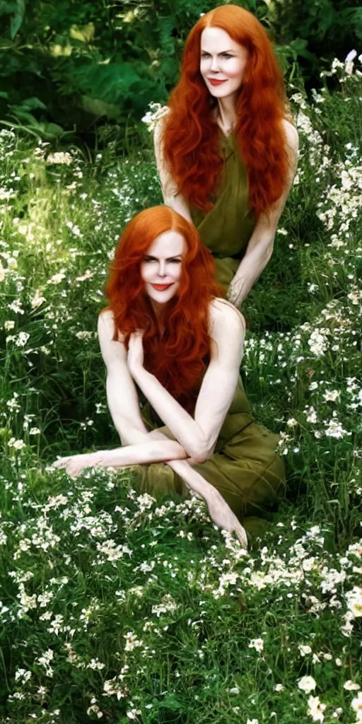 Prompt: beautiful redhead woman, nicole kidman, long hair, beautiful dress, 1930, out of focus, sitting in green garden