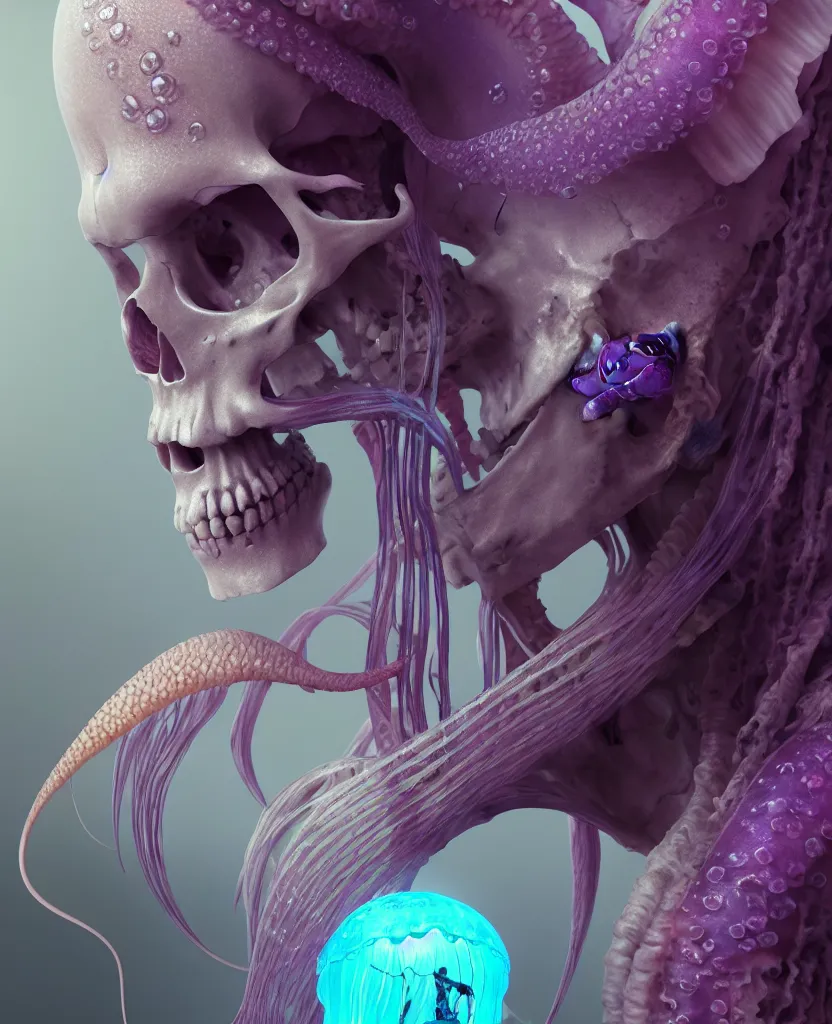 Image similar to goddess close-up portrait human skeleton, ram skull, jellyfish, orchid, betta fish, bioluminiscent, intricate artwork by Tooth Wu and wlop and beeple. octane render, trending on artstation, greg rutkowski very coherent symmetrical artwork. cinematic, hyper realism, high detail, octane render, 8k