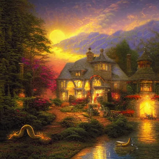 Prompt: snake it's own tail, esoteric artwork, thomas kinkade