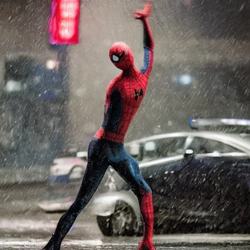 Image similar to photograph of andrew garfield spider - man, cinematic, photorealistic, city, night, rain