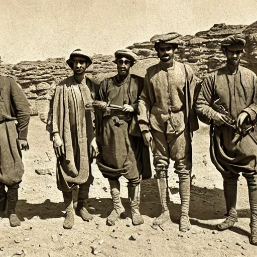 Image similar to ultra detailed photorealistic sepia - toned photo from 1 9 1 7, a small group of british soldiers standing with bedouin traders in traditional arab garb, at an archaeological dig site in wadi rum, ultra realistic, painted, intricate details, lovecraft, atmospheric, dark, horror, brooding, highly detailed, by clyde caldwell