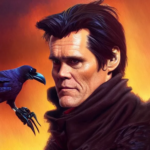 Image similar to jim carrey controlling evil ravens, demonic, evil, satanic, intricate, highly detailed, digital painting, artstation, concept art, smooth, sharp focus, illustration, unreal engine 5, 8 k, art by artgerm and greg rutkowski and alphonse mucha