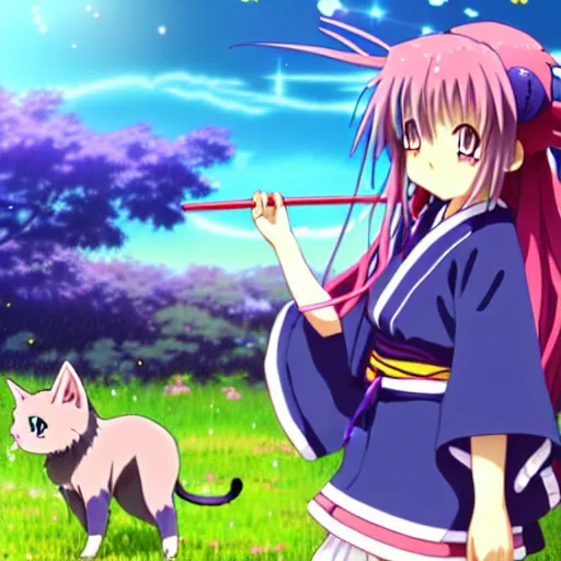 Prompt: A cute little anime girl with long indigo colored hair, wearing a red shrine maiden uniform, in a large grassy green field, petting a cat, shining golden hour, she has detailed black and purple anime eyes, extremely detailed cute anime girl face, she is happy, child like, near a Japanese shrine, screenshot from the anime Higurashi