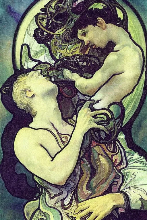 Image similar to saturn devouring his son painting by alfons mucha