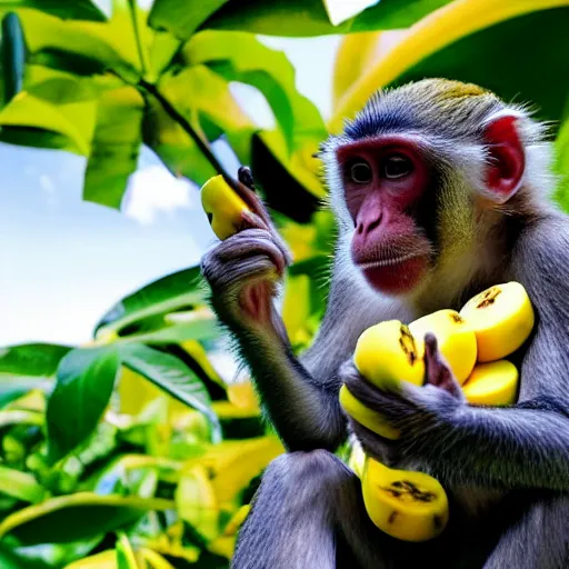 Prompt: multicolor photo of monkey juggling bananas at the jungle by steve mccurry in 4 k ultra high resolution and with dutch angle, with funny feeling