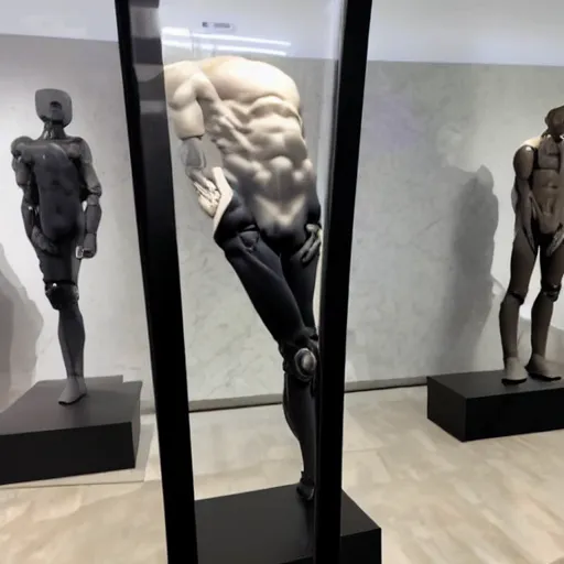 Image similar to a realistic detailed photo of a guy who is an attractive humanoid who is half robot and half humanoid, who is a male android, twitch streamer ninja tyler blevins, shiny skin, posing like a statue, blank stare, at the museum, on display