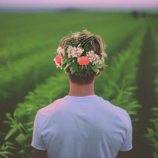 Image similar to agfa vista 4 0 0 photograph of a skinny blonde guy standing in a cornfield, flower crown, back view, grain, moody lighting, telephoto, 9 0 s vibe, blurry background, vaporwave colors!, faded!,