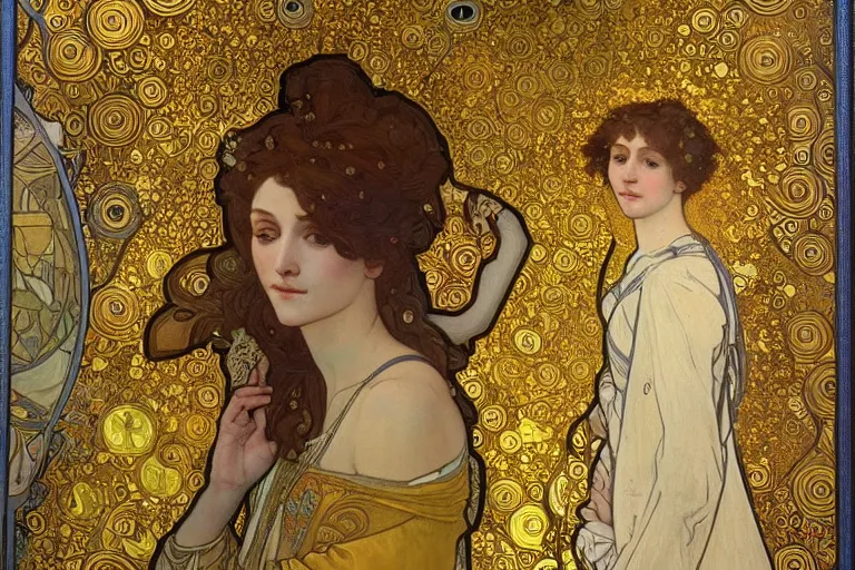 Image similar to the annunciation oil painting cross between the styles of alphonse mucha and gustav klimt gold leaf, intricate detailed,