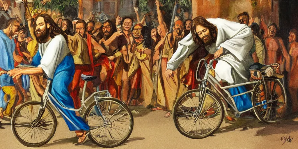 Prompt: a award winning painting of Jesus stealing a bike