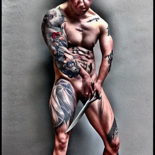 Image similar to muscular bald man, tattooed body, sword in hands, HD, anime style,