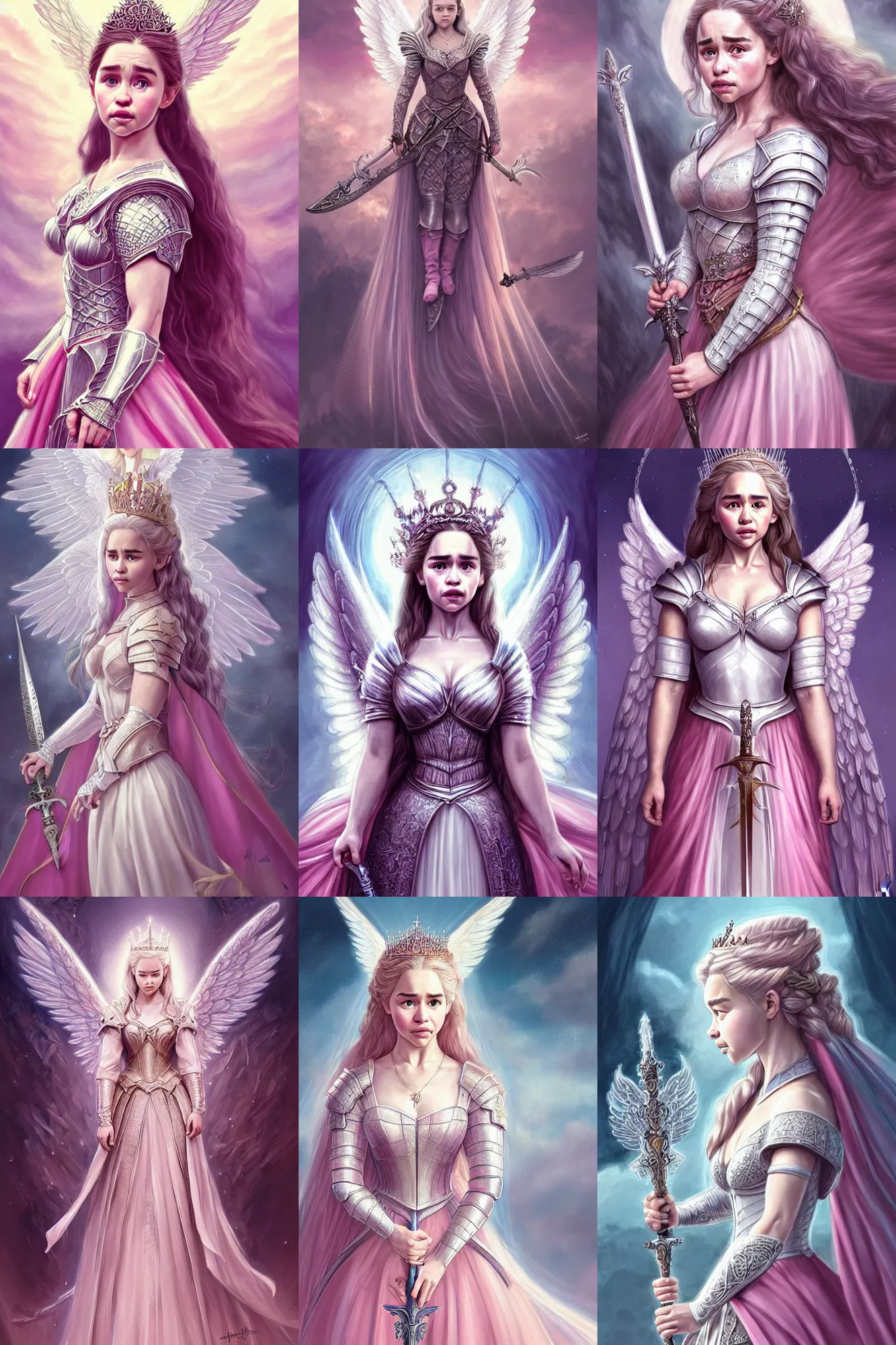 Prompt: gorgeous!! hyper - realistic woman resembling emilia clarke as a princess wearing ornate pink knight armor, angel wings, angemon l holding a long sword | divine, elegant, ethereal, heavenly, clouds, holy, fantasy | illustration, intricate, high detail, ultra graphics, digital painting | drawn by wlop, drawn by jeehyung lee, drawn by artgerm