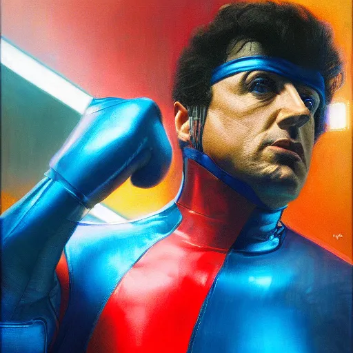 Image similar to sylvester stallone blue and red metal cyber suit, tech noir, wet reflections, prism, atmospheric, ambient, pj crook, syd mead, livia prima, greg rutkowski, edward hopper