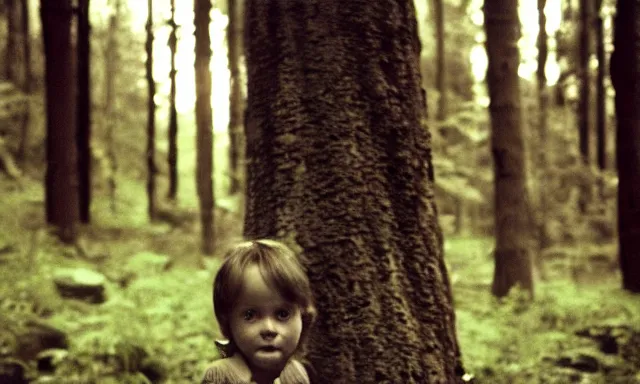 Image similar to kid looking at camera in forest at dusk, colorized 70s photo, out of focus, motion blur, cctv footage, horror movie, horror lighting, blair witch project, old photo, found footage