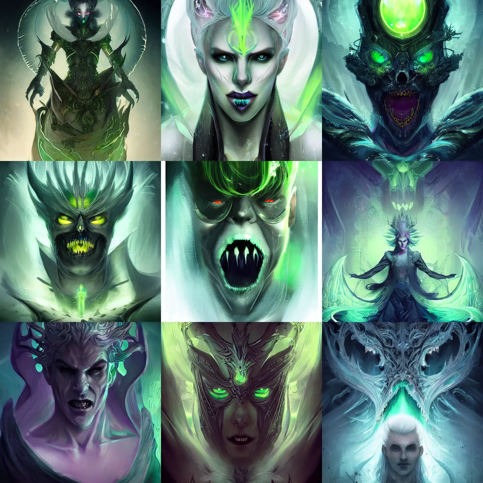 Prompt: A digital matte intricate illustration concept art of Ghost King Dan Phantom with snow white hair and glowing green eyes, pointy sharp teeth fangs alt art fashion inspired art by Charlie Bowater and WLOP and Mark Arian and Ross Tran + neon colors, symmetry , intricate complexity, epic composition, magical atmosphere, highly detailed, cinematic lighting + masterpiece, trending on artstation + 8k