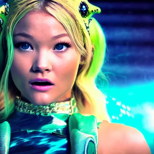 Image similar to cinematic scene with olivia holt as jolyne from jojo's bizarre adventure, live action film, stone ocean, dramatic, small details, volumetric lighting, still frame