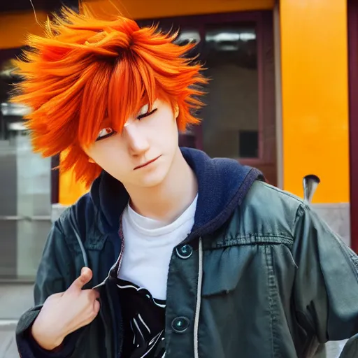 Prompt: orange - haired anime boy, 1 7 - year - old anime boy with wild spiky hair, wearing blue jacket, battle aura, in front of ramen shop, strong lighting, strong shadows, vivid hues, raytracing, sharp details, subsurface scattering, intricate details, hd anime, high - budget anime movie, 2 0 2 1 anime