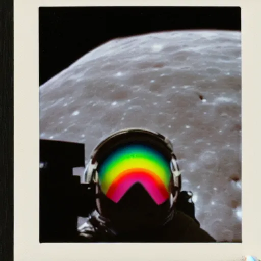 Prompt: polaroid of an astronaut sitting on the moon and watching rainbow nuclear explosion on the earth