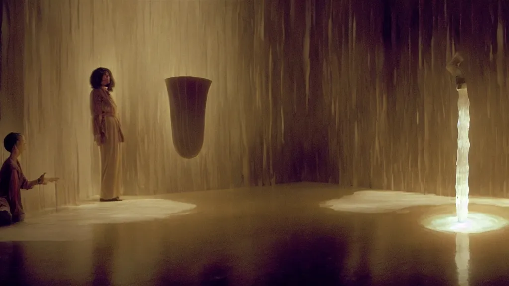 Image similar to a giant hand made of wax and water floats through the living room, film still from the movie directed by Denis Villeneuve with art direction by Junji Ito, wide lens